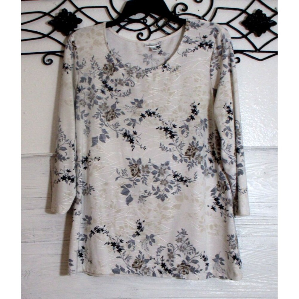 Croft & Barrow Women's Knit Top Size M Long Sleeve Ivory Floral Round Neck